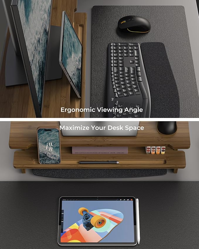 23” Monitor Stand with Phone Tablet Holder Bamboo Desk Shelf | Monitor Riser for 40-55” Desk Cozy Computer Setup Workplace Organizer Keyboard Storage Toasted Bamboo Color Compact Ergonomic