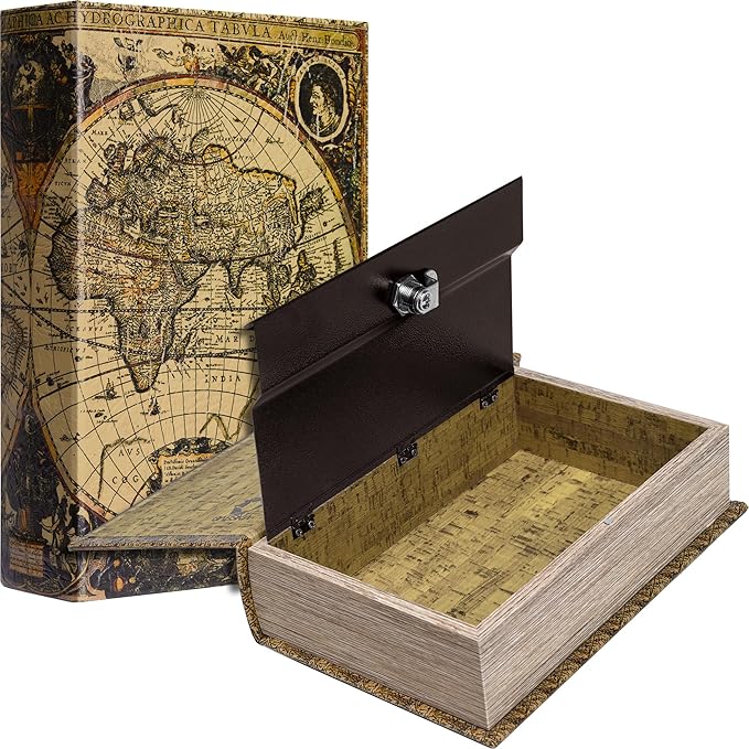 Barska Antique Map Book Safe with Key Lock – Hidden Diversion Lock Box with Magnetic Closure – Concealed Steel Compartment for Cash, Jewelry, Valuables – Home or Office Security Hidden Book Safe