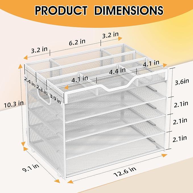 5 Tier Paper Letter Tray Desk Organizer with Pen Holders - White | Features 3 pen holders and 4 removable dividers.Versatile mesh desktop storage for mail, document,office supplie