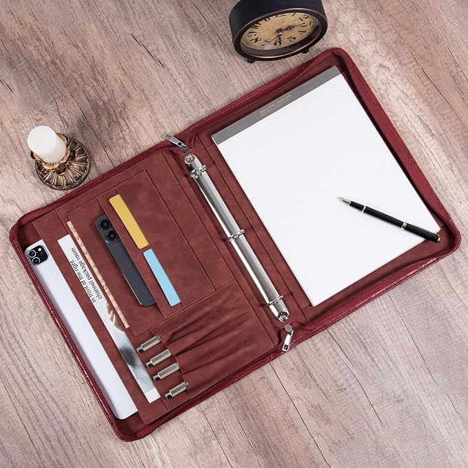 Vintage Red Embossed Vegan Leather Binder Portfolio for Women,3 Ring Portfolio Binder with Zipper, A4 PlannerBinder with Laptop Pocket, Legal Size Padfolio,WorkBinder Organizer for Women Padfolio
