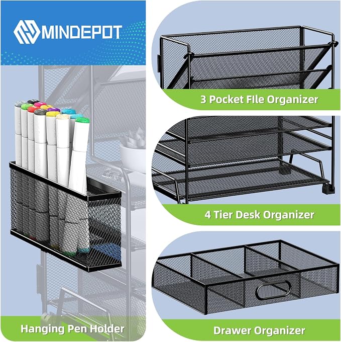MINDEPOT 4-Tier Paper Organizer + 3-Pocket File Holder, Desktop File Organizers Paper Tray for Office School Classroom Workspace Organization (Black 2+3 Desk Organizer)