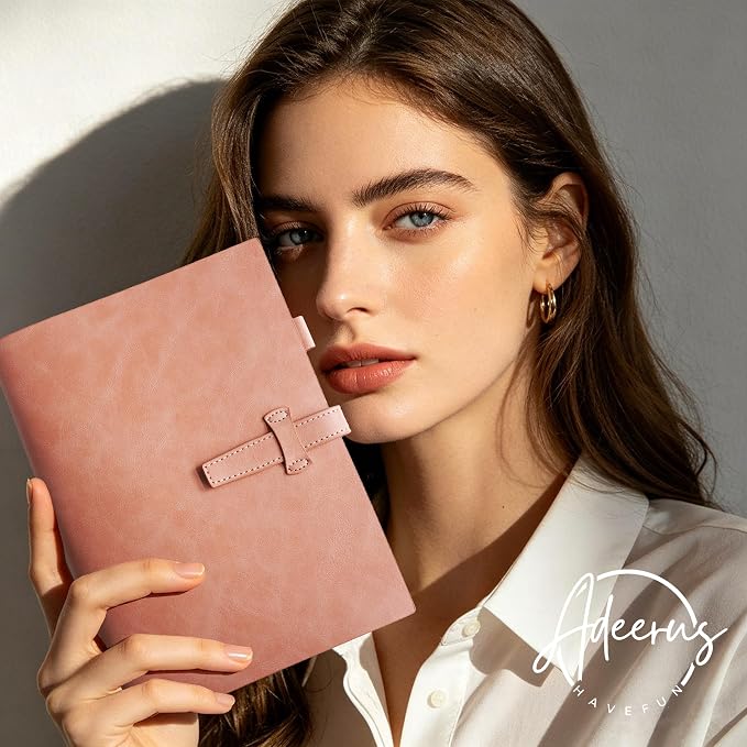 Refillable A5 Leather Binder Notebook, Reusable Leather Journal, Vintage Organizer with 6-Ring Metal Binder, 120 Pages Lined Paper & Pocket, for Writers Business Work Study College and Daily, Pink
