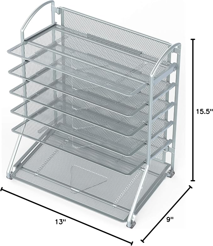 Simple Houseware 6-Tier Desk Organizer & Sliding Paper Tray, Silver | Space-Saving Desktop Letter Tray for Document, Files and Mail Sorting