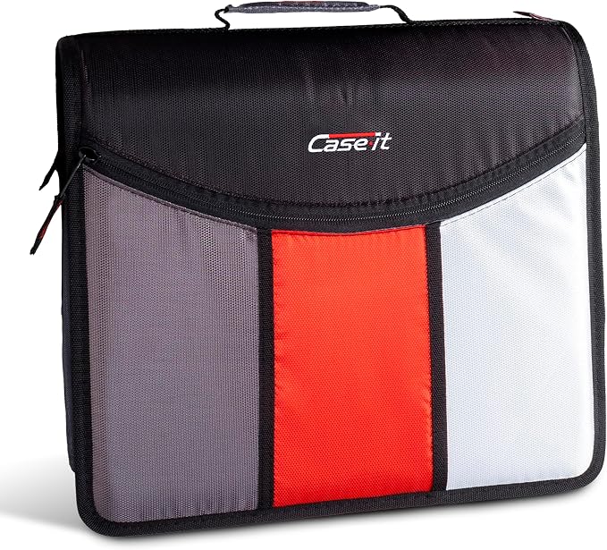 Case-it School Zipper Binder | 3" O-Rings | 600-Sheet | D-156-N Jet Black | Mighty Zip Tab, 5-Color Tab Expanding File Folder, Multiple Pockets, Shoulder Strap, Office