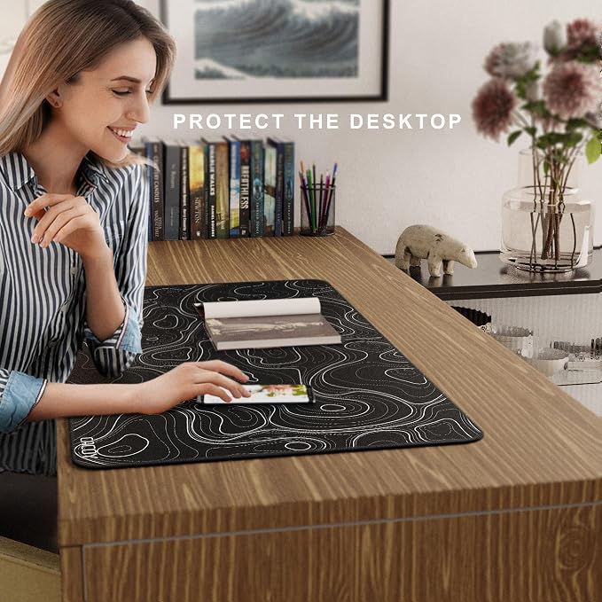 Cacoy 36" x 20" Black Topographic Gaming Mouse Pad Large Computer Mouse Mat | Extended Contour Line Keyboard Mouse Mat XXL Stitched Edges Desk Mat for Office Home Non-Slip Rubber Base Full Desk Mousepad