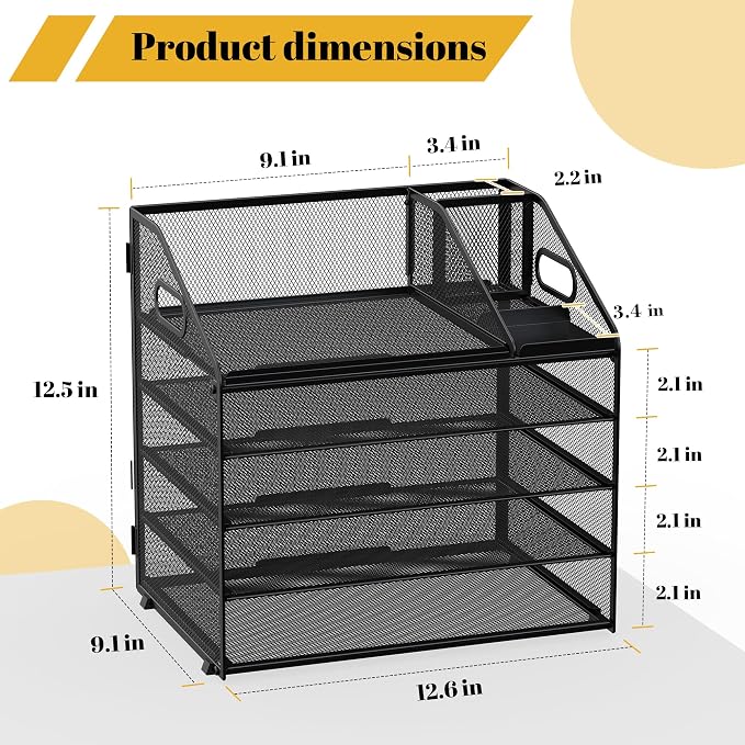 5 Tier Mesh Desk Organizer with Pen Holder and Handle Letter Tray | Metal desktop document shelf and paper sorter. Premium mesh workspace storage for office, home, and classroom