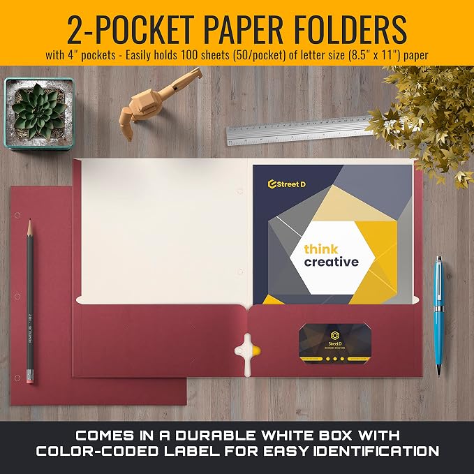 Better Office Products Two Pocket Portfolio Folders, 50-Pack, Burgundy, Letter Size Paper Folders, 50 Pieces, Burgundy