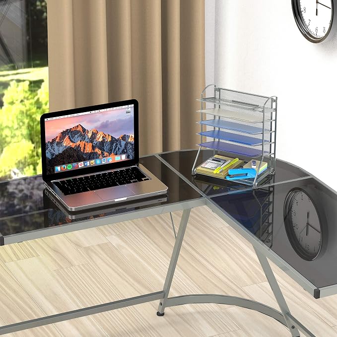 Simple Houseware 6-Tier Desk Organizer & Sliding Paper Tray, Silver | Space-Saving Desktop Letter Tray for Document, Files and Mail Sorting