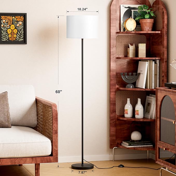 Modern Floor Lamp Simple Design with White Shade & Foot Pedal Switch | 60" Black Floor Lamp(Without Bulb), Tall Lamps for Living Room Bedroom Office Dining Room Kitchen