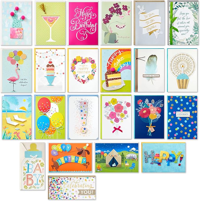 Hallmark Pack of 24 Handmade Assorted Boxed Greeting Cards, Watercolor & Pack of 30 Assorted Boxed Greeting Cards, Good Vibes—Birthday, Thinking of You, Thank You, Blank Cards