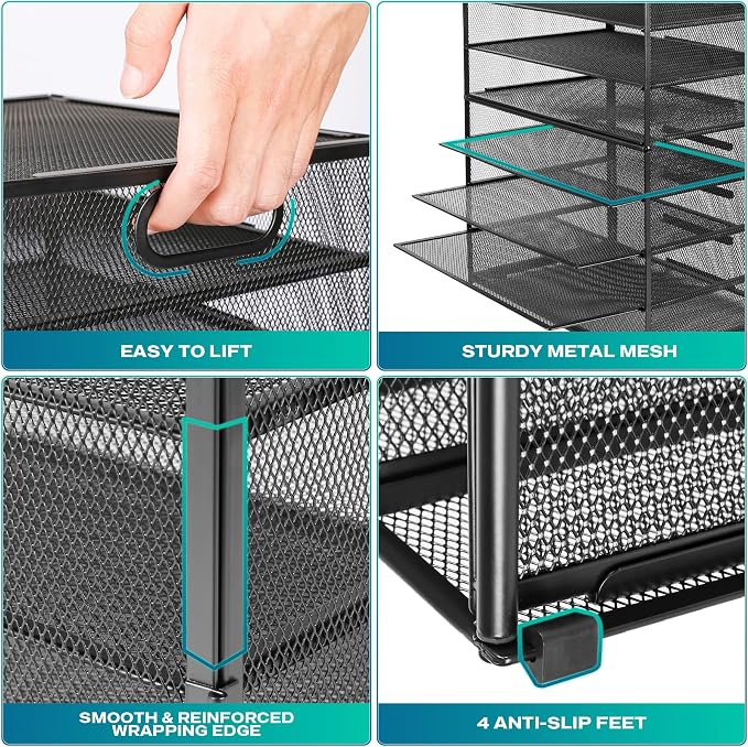 8 Tier Paper Letter Tray Organizer (Black-with Drawer,Pen Holders) | Mesh Desk File Holder Storage Organization for Home School Classroom & Office