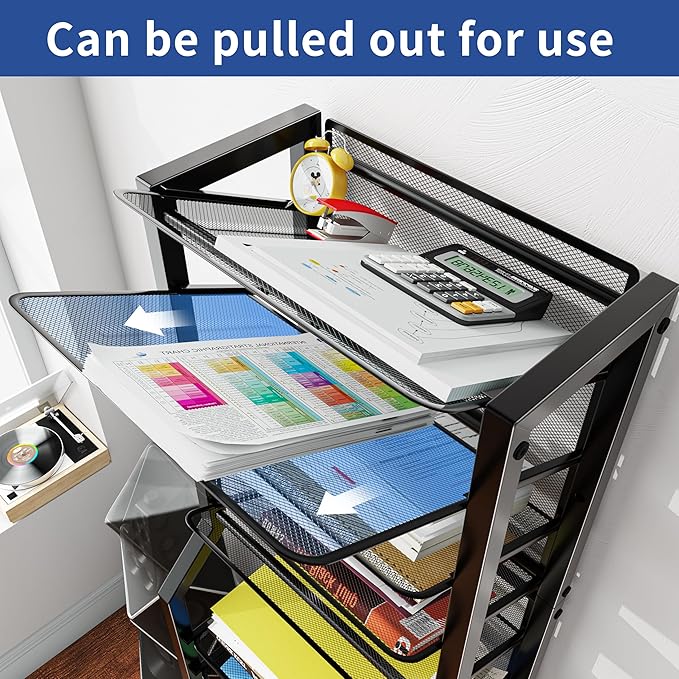 Simple Trending 12 Tier Rolling File Cart,Desk File Organizer with Sliding Trays and Wetal Mesh Paper Letter Storage Multi Functional Rolling Clutter Cart for Office, Home, School, Black