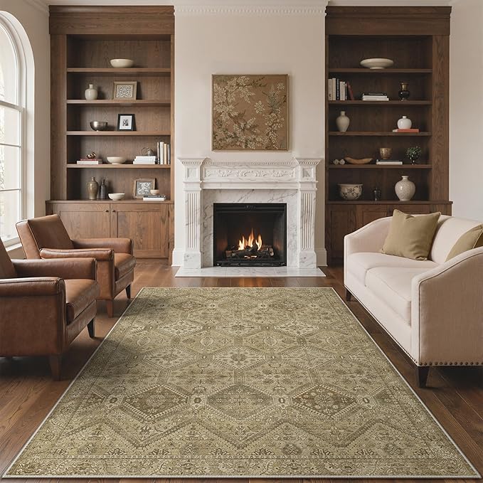 GENIMO 5x7 Area Rugs for Living Room, Machine Washable Non Slip Vintage Rugs, Low Pile Lightweight Print Rug for Bedroom, Dining Room, Home Office, Tan Brown