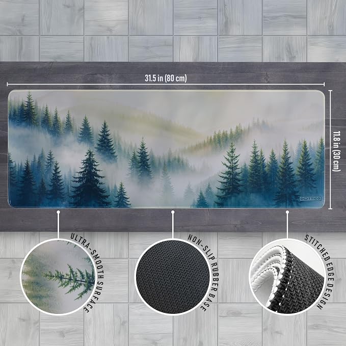 Extended Gaming Mouse Pad – Forest Desk Mat with Foggy Woodland Design – Large 31.5x11.8 in, Non-Slip Rubber Base, Water-Resistant, Stitched Edges