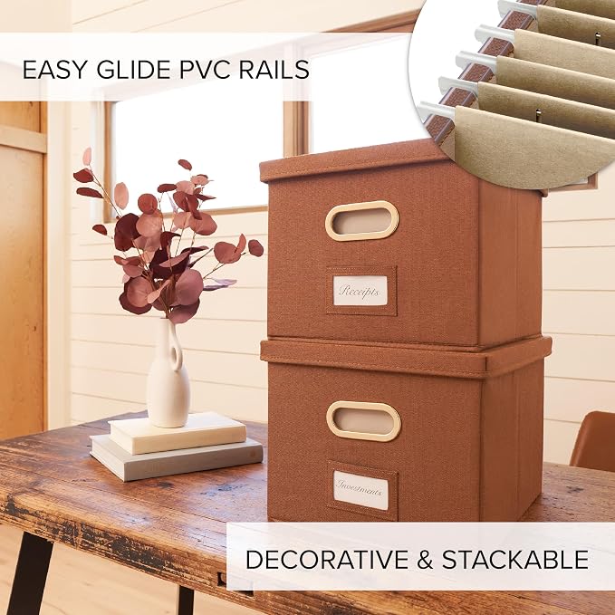 Decorative File Organizer Box Set of 2 - Collapsible Linen Filing Cabinets | Stores Documents and Hanging File Folders - Portable Office Crates with Lid and Handles for Easy Slide Access