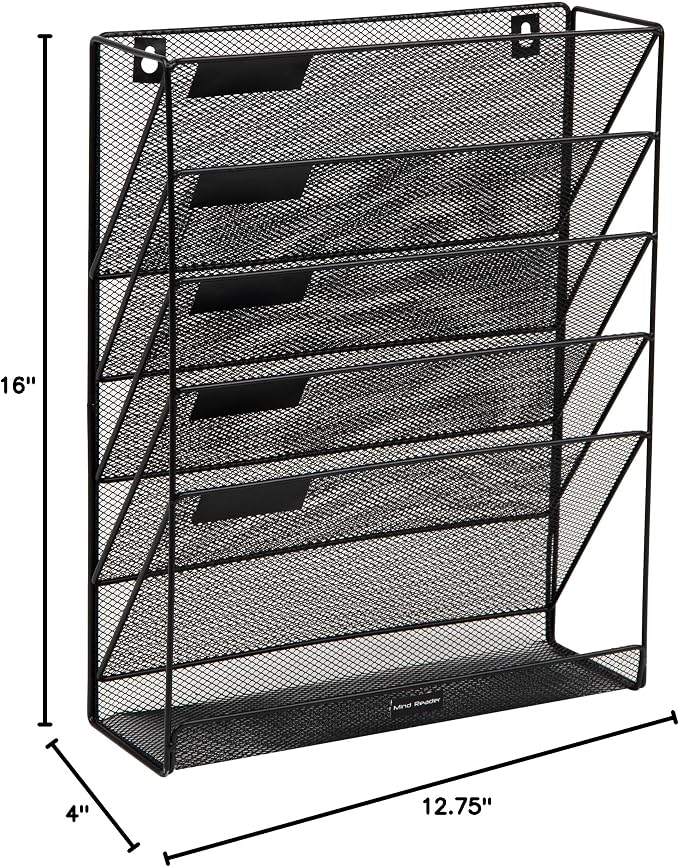 Mind Reader 5-Tier Vertical File Storage, Desktop Organizer, Wall Mount, Office, Metal Mesh, 12.75" L x 4" W x 16" H, Black (Pack of 4)
