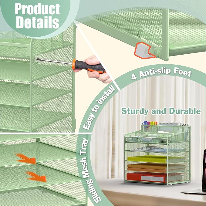 Docnest 5 Tier Mesh Desk Organizer with Letter Tray & Paper Sorter, Green | Features 3 built-in pen holders & 5 adjustable compartments on top. Includes 4 non-slip rubber feet for desk protection