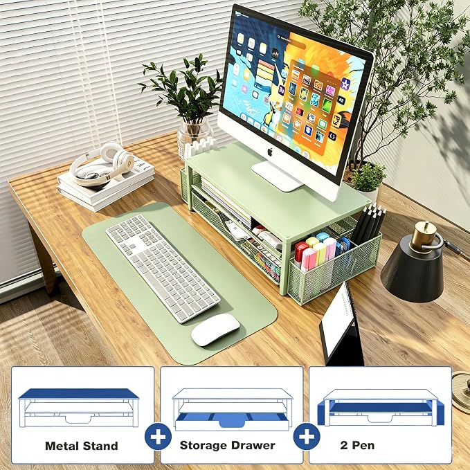 Desk Organizers and Accessories, Computer Monitor Stand Riser with Drawer and 2 Pen Holders, Printer & Laptop Stand, Office Desk Accessories & Workspace Organizers for Home Office Supplies, Green