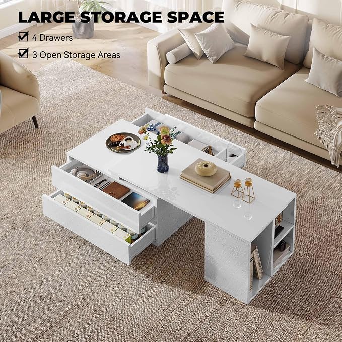 YITAHOME 35"-61" Extendable LED Coffee Table with 4 Drawers, White | Center Table with 4 Storage Drawers, Open Shelves, Sliding Extendable Top, LED Lighting, for Living Room Home Office