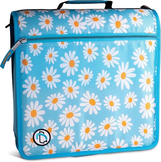 Case-it Mighty Zip Tab School Binder w/ 3-Inch O-Rings - 600-Sheet Capacity, 5-Subject Expanding File, Multiple Storage Pockets & Shoulder Strap, D-146 Light Blue Daisy (Pack of 6)