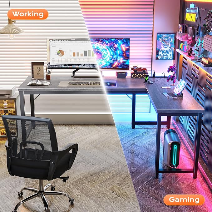 Huuger 63 Inch L Shaped Desk with Power Outlets & 0.95 Inch Thicker Desktop | Reversible Computer Desk, Larger Office Corner Gaming Desk, Metal Frame, for Home Office, Study, Grey