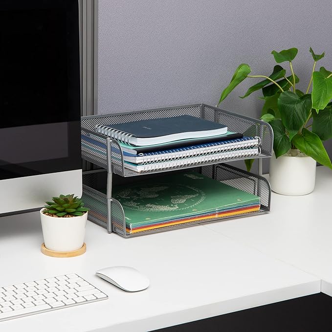 Mind Reader Stackable Paper Tray, Desktop Organizer, File Storage, Office, Metal Mesh, 13.5" L x 10" W x 7.25" H, 2 Pcs., Silver