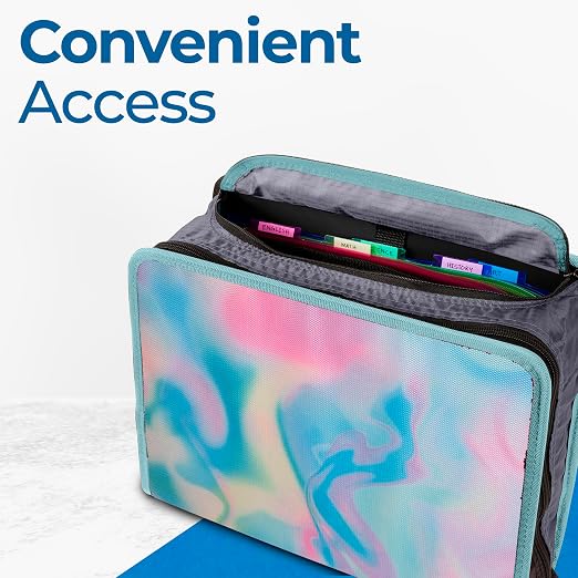Case-it School Zipper Binder | 3-Inch O-Rings | 600-Sheet | D-146 Aqua | Mighty Zip Tab, 5-Color Tab Expanding File Folder, Multiple Pockets, Shoulder Strap, Iridescent Pastel Design, Office
