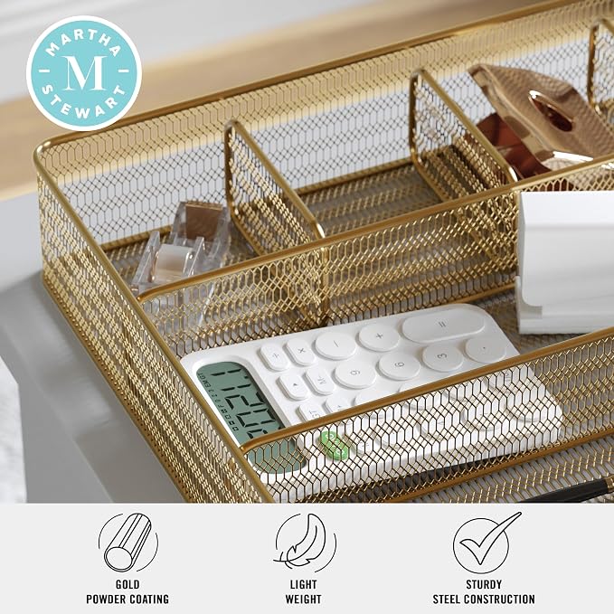 Martha Stewart Ryder Mesh Metal 6-Compartment Drawer Organizer, Gold | Steel Mesh, Gold Finish
