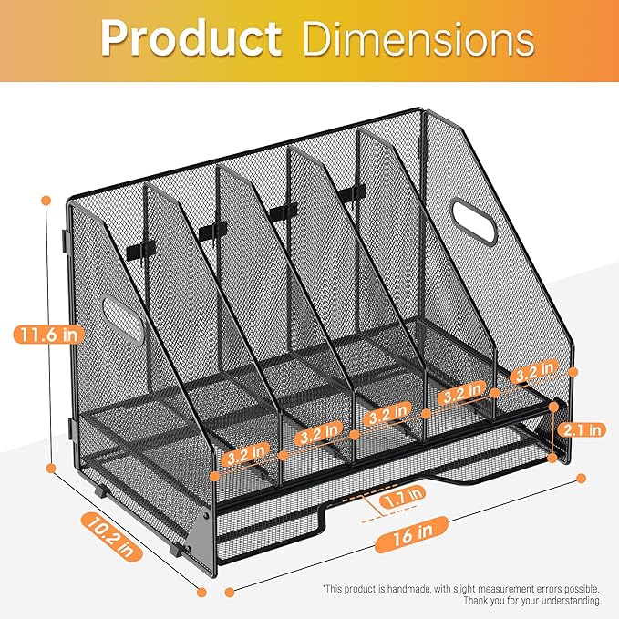 Docnest Mesh Desk File Organizer, 5 Vertical Compartment Box Sorter, Black | Features 4 removable middle dividers for custom spacing and a bottom letter tray to hold paper, mail, and documents