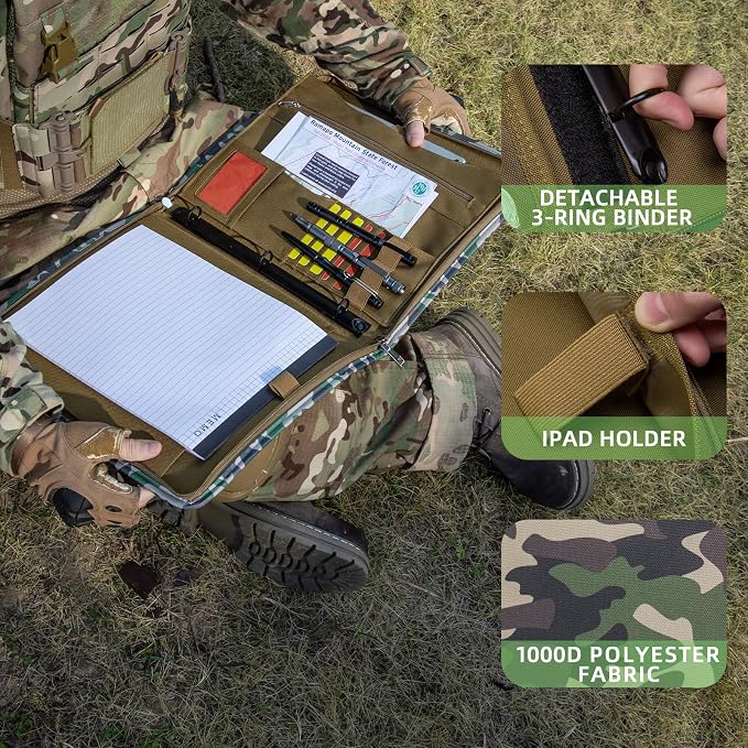 Kosibate Tactical Padfolio Portfolio Binder with Zipper and 25 Sheets of Letter Size Paper,Tactical Notebook Cover with Zippered for Folders,Detachable 3-Ring Binder(Camouflage,A4,13.5X 11.5Inch)