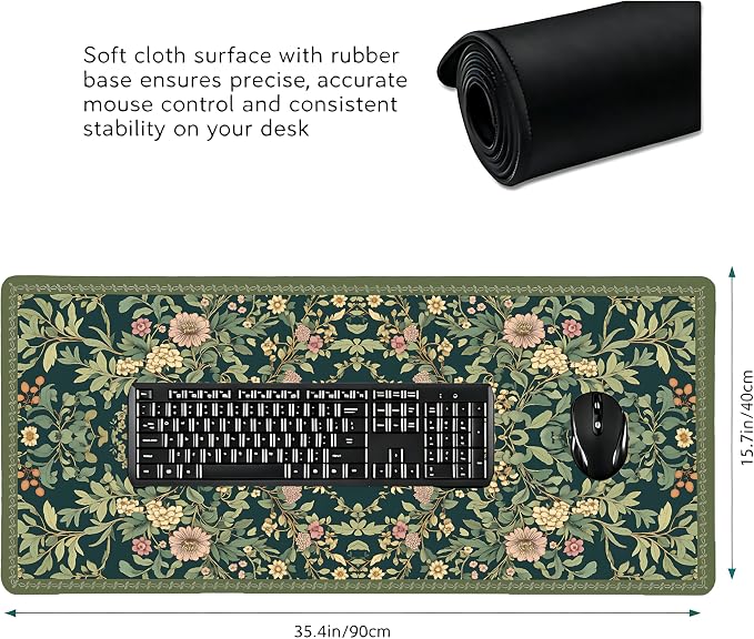 Cute Floral Aesthetic Dahlia Gaming Mouse Pad, Dark Green Rug Desk Mat with Anti-Slip Base & Stitched Edges, Office & Home Desk Decor for Women, 35.4" x 15.7" in Computer Desktop Mat