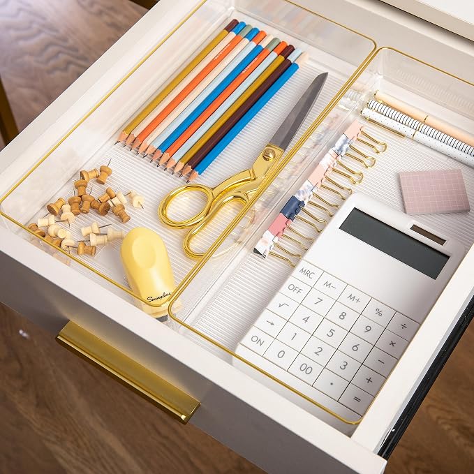 Martha Stewart Kerry Stackable Desk Drawer Organizers, Clear/Gold, 3-Pack | 12x6 in Organizers, Gold Trim, Stackable
