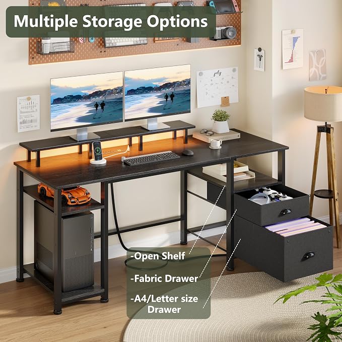 Furologee 61" Gaming Desk with Outlets & LED, Large Computer Desk, Black | AC Outlets & USB, Ergonomic Monitor Stand, Drawer & File Cabinet, Adjustable Shelf, Reversible Table for Bedroom, Dorm