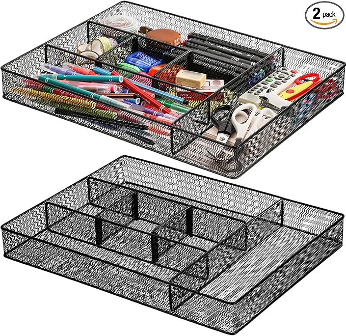 Hiceeden 2 Pack Mesh Desk Drawer Organizer, 16.1"x12.2"x2" Large Desk Organizer Tray with 2 Removable Dividers, 6 Compartment Metal Organizers for Home, Office, Makeup & Vanity