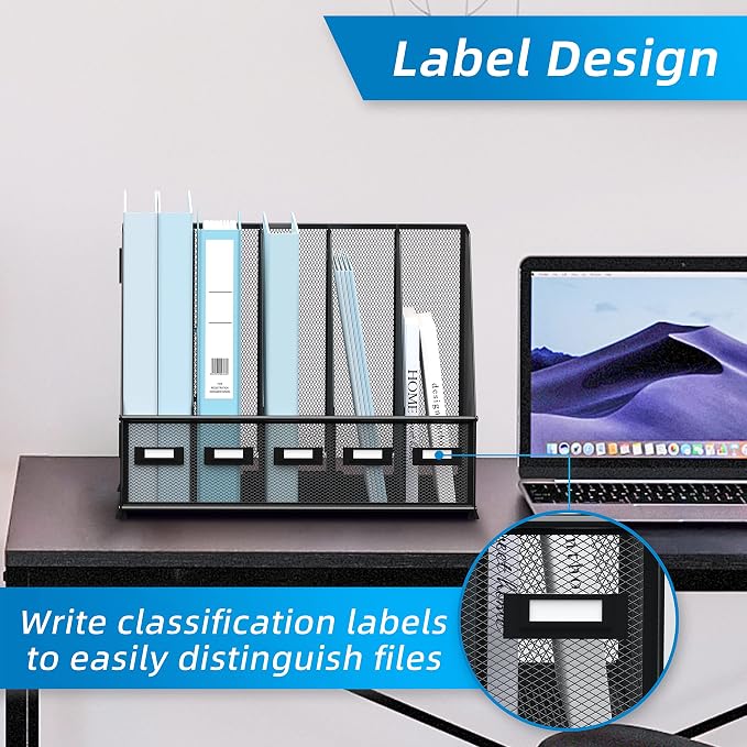 Desk Organizers Metal Desk Magazine File Holder with 5 Vertical Compartments Rack File Organizer for Office Desktop, Classroom, Home Workspace, Black