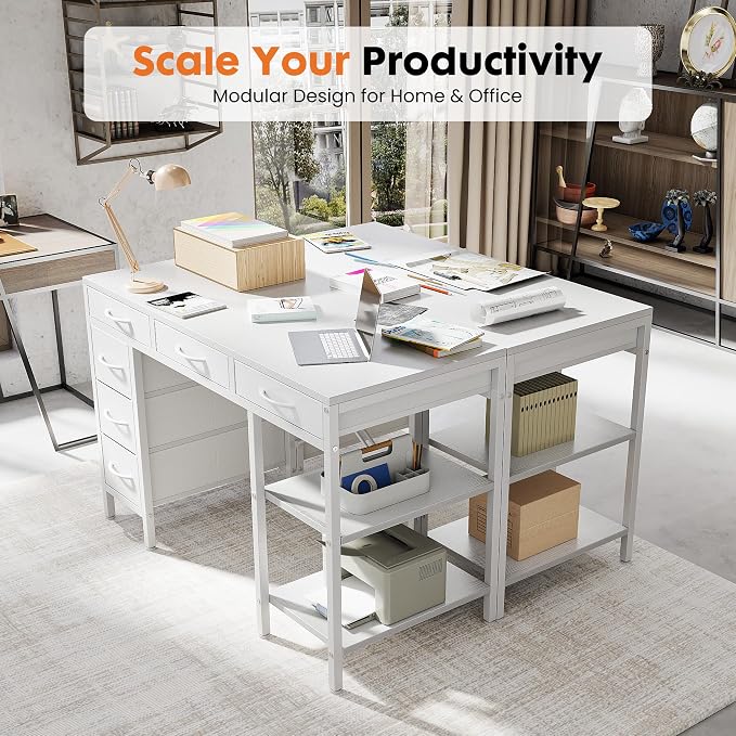 OLIXIS 47 Inch Computer Desk with 6 Fabric Drawers, for Home Office Work | 6 Fabric Drawers & Reversible Gaming Desk, Office Workstation, Corner Desk with Storage, Home Office,Living Room,Dorm, White