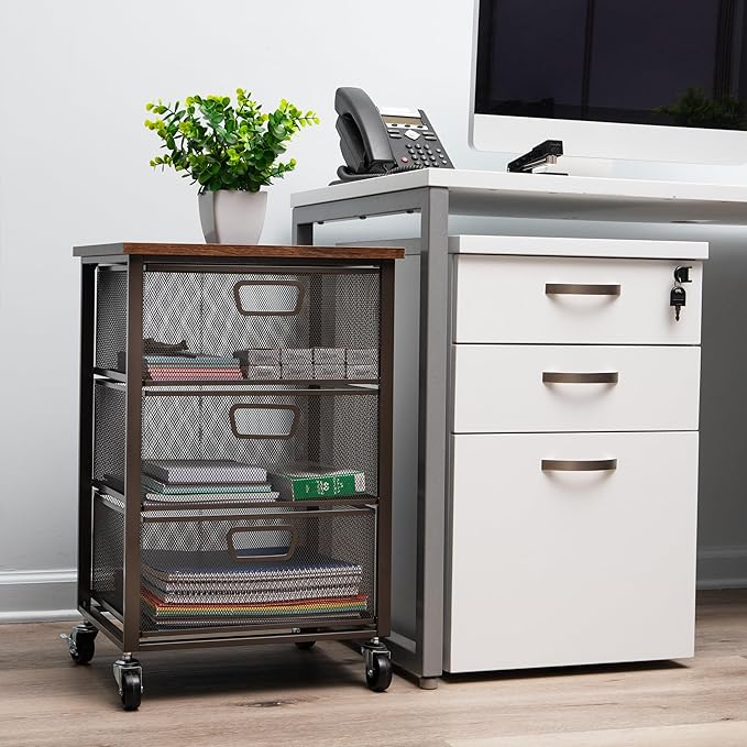 Mind Reader 3 Drawer Storage Organizer with Wood Top, Rolling Office Organizer Cabinet with Wheels, Office, Metal Mesh, Black