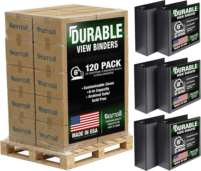 Samsill Durable 6 inch 3 Ring Binder, Locking D Ring 100% Recycled Chipboard, Black, Pallet of 120 Binders in 20 Cartons