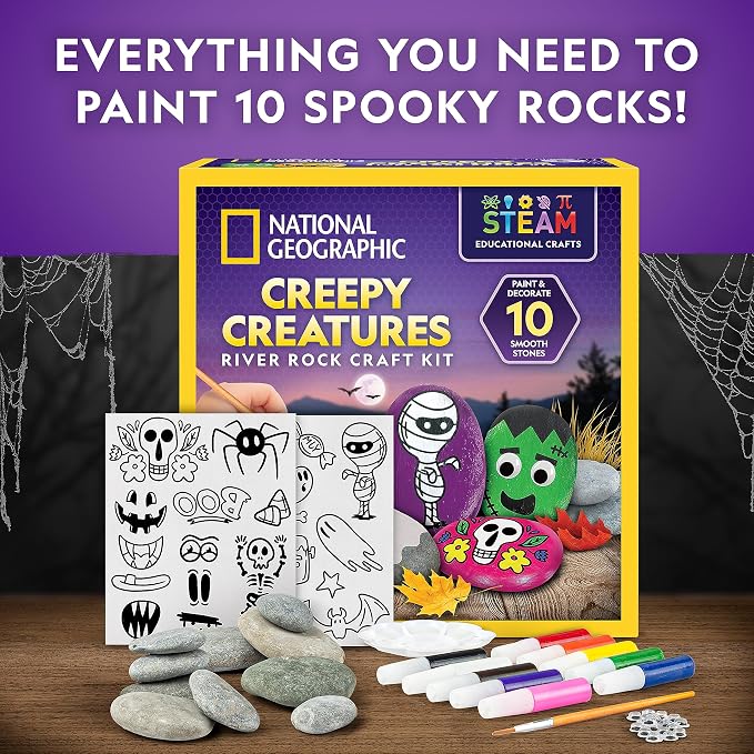 National Geographic Creepy Creatures Rock Painting Halloween Craft Kit | 10 River Rocks, 10 Paint Colors, Spooky Art Supplies for Kids, Halloween Crafts, Creative Activity, Creepy Creature Designs