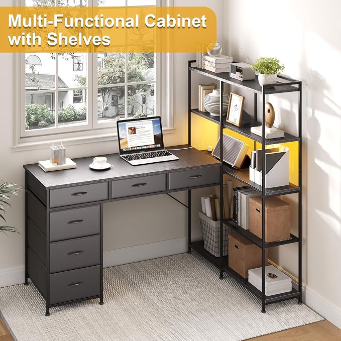 L Shaped Gaming Desk with Power Outlet & RGB Lights, Corner Computer Desk with 6 Drawers 5-Tier Shelves, PC Workstation with USB/Type-c Charging for Home Office, Black