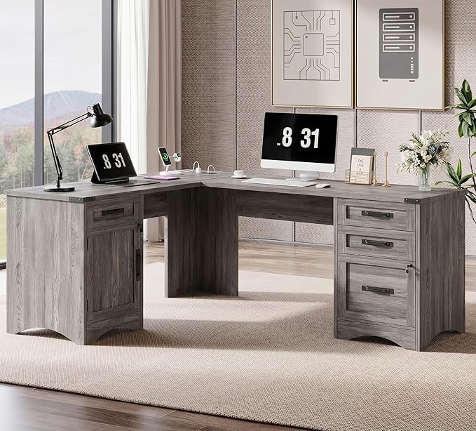 Decofy 67" Farmhouse L Shaped Standing Desk with Drawers Home Office Executive Desks with Fast Charging Station, Lockable File Cabinet, Wood Writing Computer Desk for Work, Study, Grey