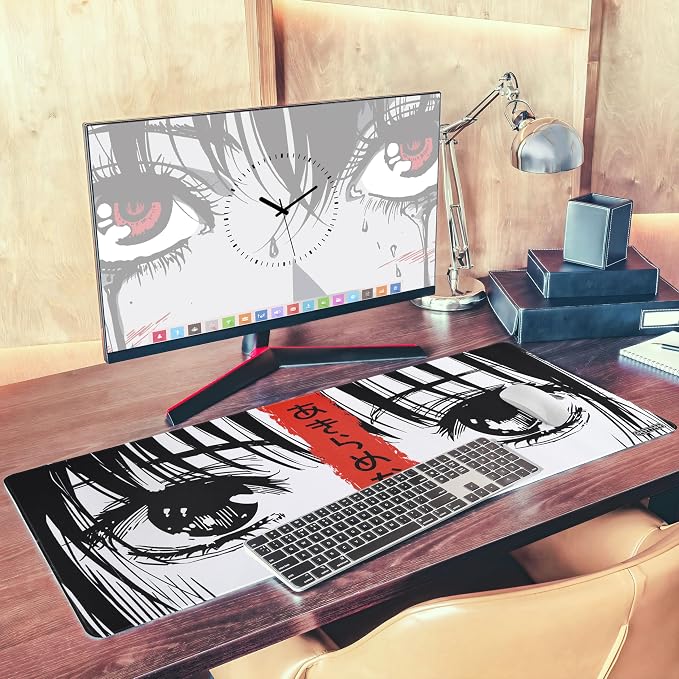 XXL Manga Eyes Gaming Mouse Pad – Japanese Minimalist Desk Mat with Kanji & Bold Art – Non-Slip, Water-Resistant Surface, Stitched Edges – 35.4x15.7 in (Anime Red XX-Large)