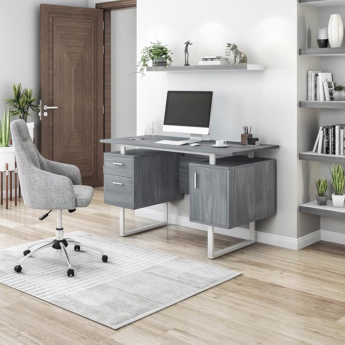 Techni Mobili Office Desk with Storage Drawers and Cabinet 51.25” W - Modern Office Desk with Large Floating Desktop Surface | Home office workstation, durable construction, everyday productivity, Ideal for home office, Workspace organization