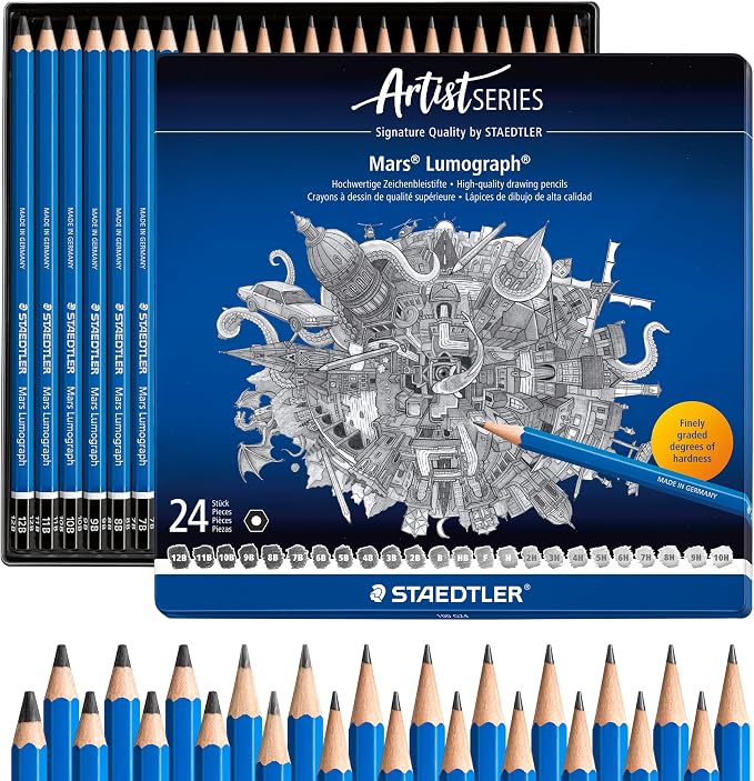 STAEDTLER Mars Lumograph Drawing Pencils: Set of 24 in Metal Case - Presharpened Graphite Art Pencils - Hardness Grades 12B-10H - For Drawing, Shading, Drafting & Illustrating - All Skill Levels