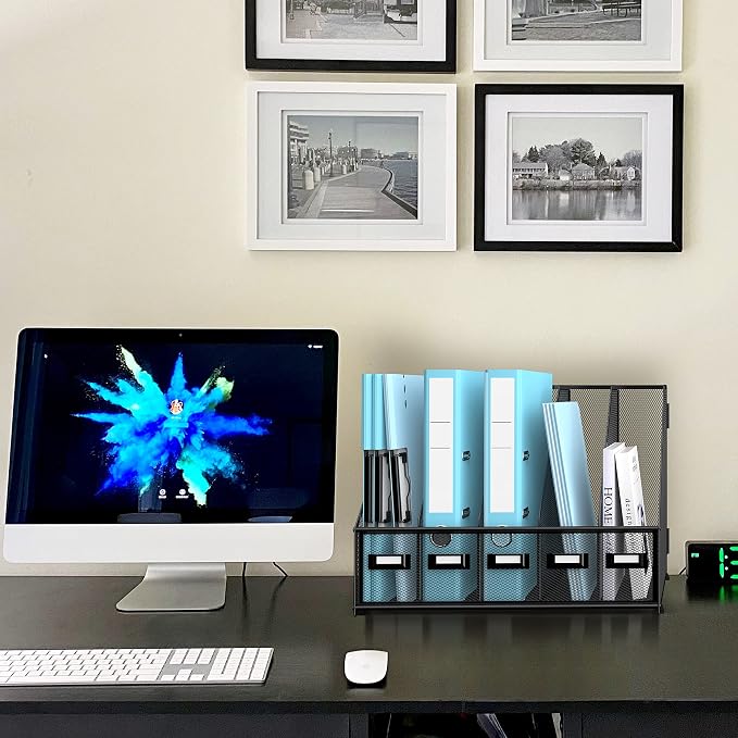 Desk Organizers Metal Desk Magazine File Holder with 16''x12''x12'' 5 Vertical Compartments Rack File Organizer for Office Desktop, Classroom, Home Workspace, Black Plus