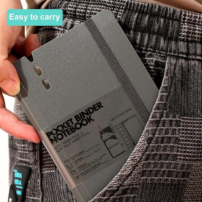CAGIE 2 Pack A7 Binder 6 Ring Refillable Notebook, Dividers & Pockets | Hourly Planning Square Ruled and Dotted Pages, Refill Paper Included (Grey & Blue, A7 Hourly & Dot Page)