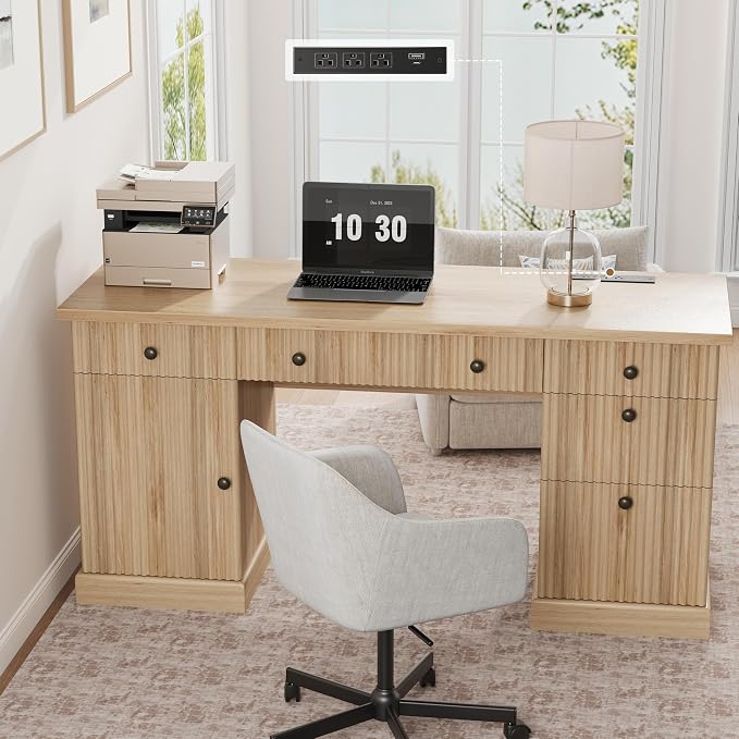 Garvee 60" Office Desk with Storage & Drawers for Home Office, Oak | Fluted Wood Executive Desk with File Drawer & Charging Station, Modern Computer Desk with Adjustable Shelves