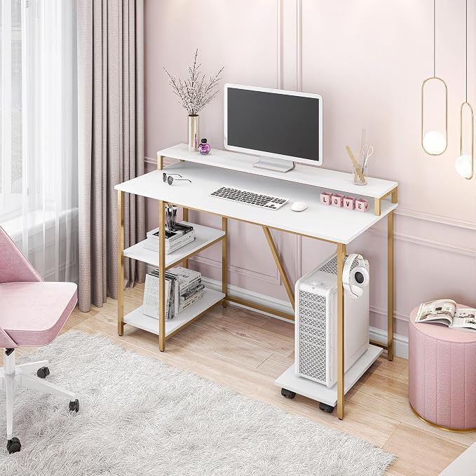Techni Mobili 47" Computer Desk w/Shelves, Monitor Stand & CPU Caddy, Gold | 47" industrial computer desk with shelves, monitor stand, accessory holder, mobile CPU caddy, 2‑tier shelf for home office