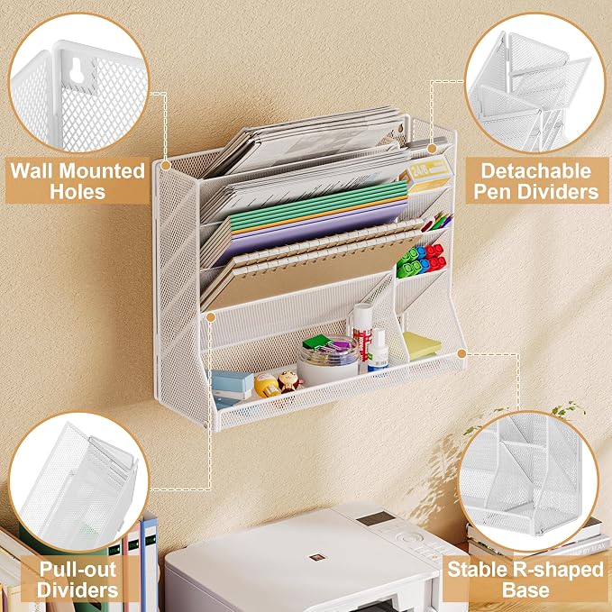 Jakyitvi Adjustable 5 Tiers Wall File Organizer Metal Hanging Holder White | 5 tiers desk paper organizer, folder holder wall mount, mail organizer for home office, hanging document tray