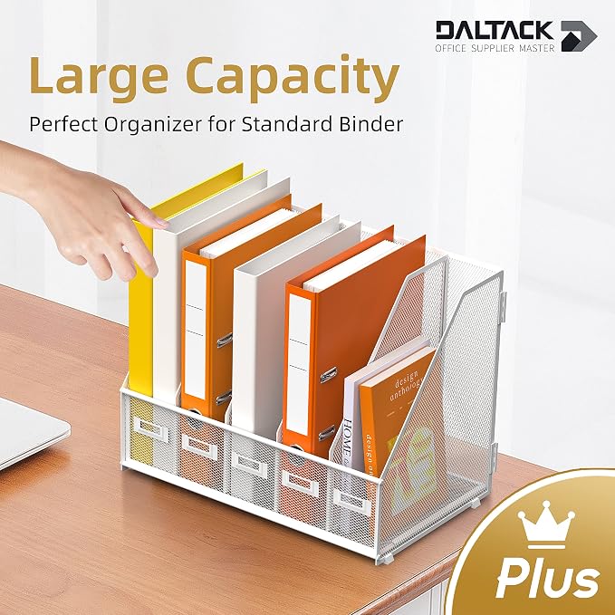 DALTACK 5-Slot Magazine File Holder, Metal Binder Holder, White | Iron Mesh Construction, Labeled Sections for Easy Sorting, Anti-Slip Feet, Binder and Folder Storage for Office, Classroom